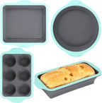 4PCS Silicone Baking Pan Set, Stackable Nonstick Baking Pans Set with Long-lasting Grip Handles & Metal Reinforced Frame, Kitchen Baking Kit for Baking Muffin, Loaf, Round & Square Cake Pans