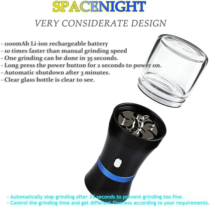 Spacenight Electric Herb Grinder COMPACT for Flower Buds, USB-Rechargeable, 2pcs 1.7oz Glass Herb Chamber - Ideal for Everyday Carry