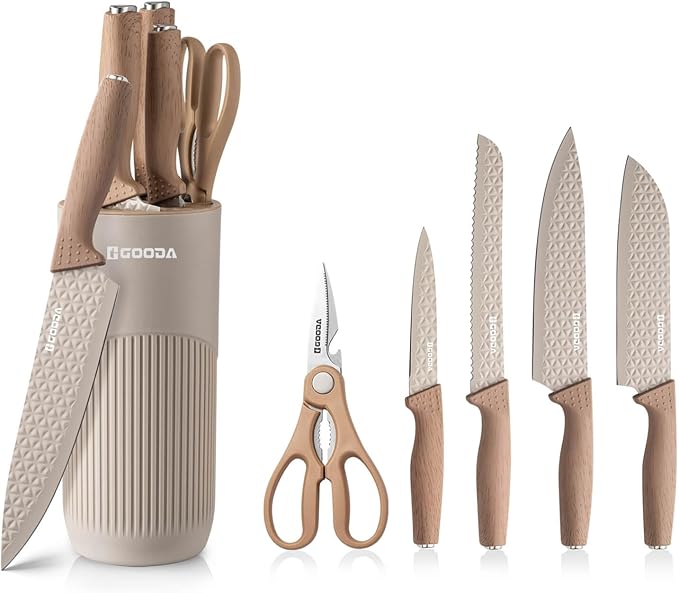GOODA Kitchen Knife Set With Block,6-Piece Professional Chef Cooking Knives Set For Kitchen,Non-Stick Stainless Steel Knife Block Set