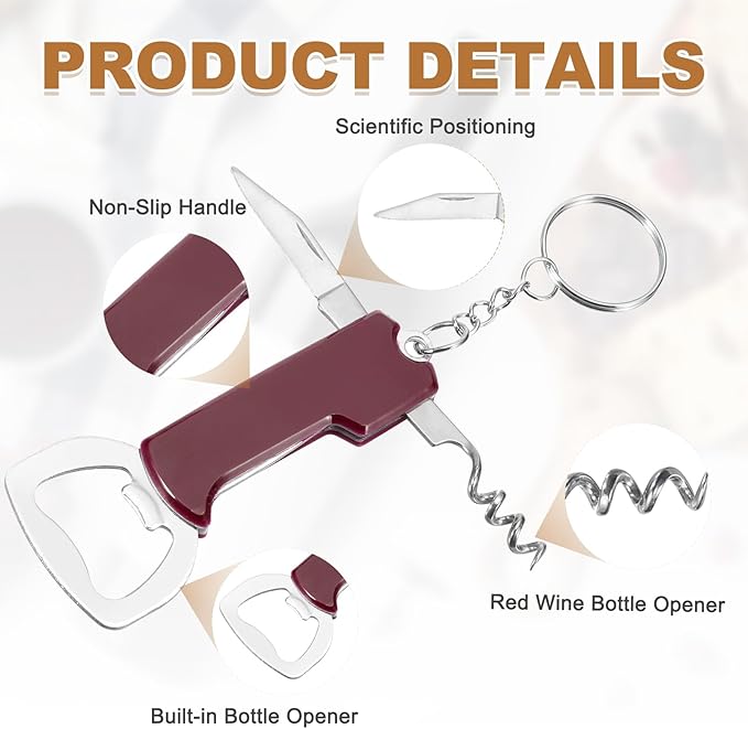 uxcell 2 Pcs Wine Opener, Bottle Opener Keychain, Durable Stainless Steel Waiter's Corkscrew, Compact All-In-One Home Bar Tool for Bar, Party, Wedding, Home, Travel, Dark Red