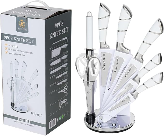 Kitchen Knife Set, Retrosohoo 9-Piece White Sharp Non-Stick Coated Chef Knives Block Set,Stainless Steel Knife Set for Kitchen with Sharpener for Cutting Slicing Dicing Chopping (White)