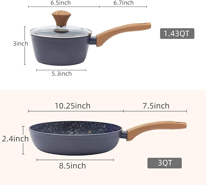 2-Piece Nonstick Cookware Set, 10.25 Inch Frying Pan & 1.43QT Saucepan with Lid | PFAS & PFOA Free Non-Toxic Coating | Induction Compatible, Dishwasher Safe | Pots and Pans Set for Beginner Kitchen
