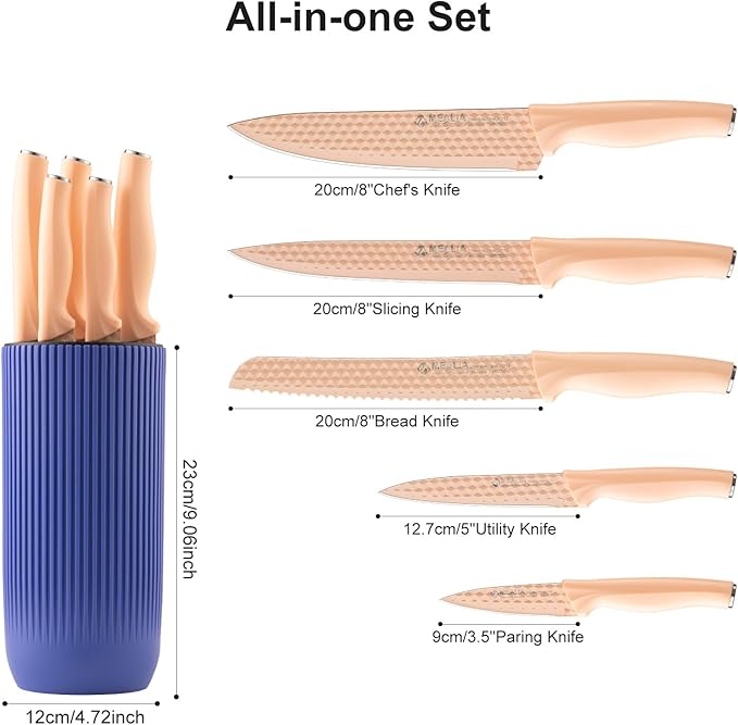 Kitchen Knife Set with Block, 6-Piece Non-stick Stainless Steel Sharp Knives Set for Precision Cutting with Universal Knife Block for Kitchen, Ergonomic Design & Dishwasher Safe, Pink