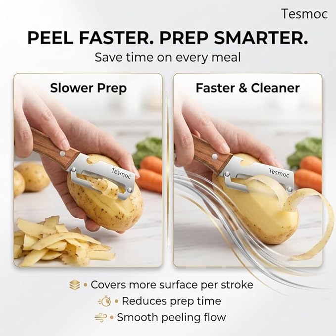 Multifunctional Fruit and Vegetable Peeler,Premium Stainless Steel Blade,Wooden Handle Hand Tool with Bottle Opener,Julienne Peeler for Potato,Cucumber,Orange,Pineapple,Veggie (4)