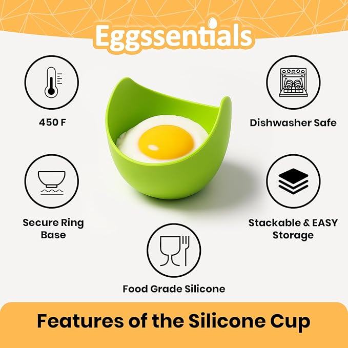 Eggssentials - Poached Egg Cups - Pack of 4 - BPA Free Silicone Egg Poacher Cups - Nonstick Poached Egg Cooker for Microwave, Stovetop, Baking – Easy to Clean Poaching Pods for Perfect Eggs