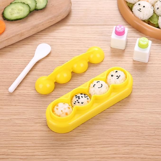 Cabilock Rice Ball Making Kit with Seaweed Embossing Mold and Spoon Kids Diy Sushi Mold Set Creative Rice Shaper for Lunch Boxes Non-Stick Kitchen Gadget