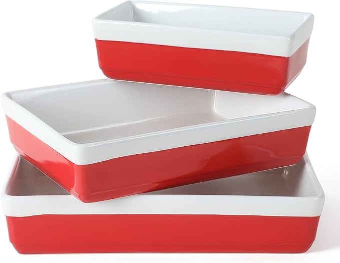 MARTHA STEWART 3-Piece Oven to Table Stoneware Bakeware Set – Baking Dish & Casserole Set – Red – Durable Oven-Safe Bakeware for Baking and Serving