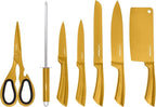 Luxury 7-Piece Gold Kitchen Knife Set with Rod Sharpener – Titanium-Coated Stainless Steel Knives Set for Kitchen, Super Sharp Cutlery Tools, Premium Cookware Gift for Home Chefs