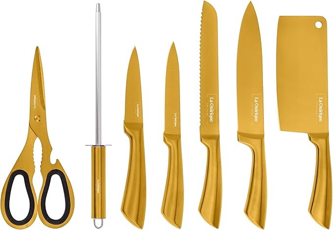 Luxury 7-Piece Gold Kitchen Knife Set with Rod Sharpener – Titanium-Coated Stainless Steel Knives Set for Kitchen, Super Sharp Cutlery Tools, Premium Cookware Gift for Home Chefs
