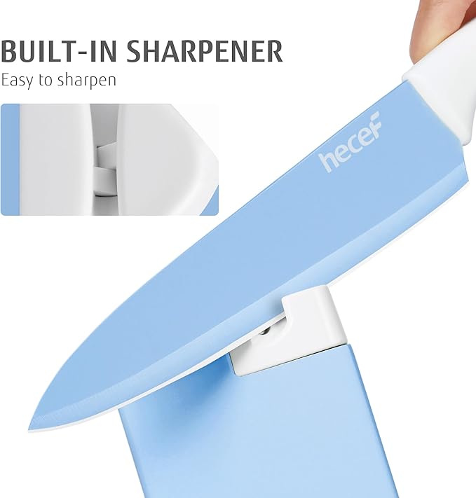 hecef 15 Pieces Kitchen Knife Set with Built-in Sharpening Wooden Block, Dishwasher Safe, High Carbon Stainless Steel Knife Block Set with Steak Knives, Kitchen Scissors, Blue