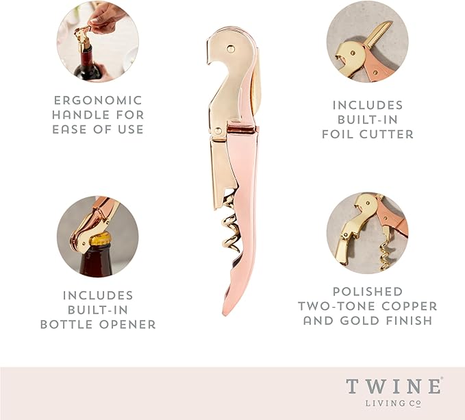 Twine Copper And Gold Double Hinged Waiter’s Corkscrew, Stainless Steel Wine Key with Foil Cutter, Double Hinged Corkscrew, Set of 1