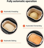 Bread Maker, 19-in-1 2LB Dough Machine, Nonstick Ceramic Pan Automatic Breadmaker with Gluten Free Setting, Automatic Compact Dough Machine Nonstick,Digital,3 Loaf Sizes, 2 Crust Colors, Black
