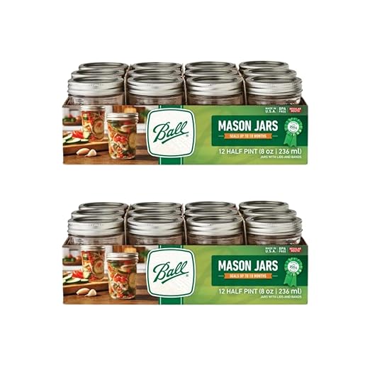 Ball Regular Mouth Glass Mason Jars with Lids and Bands, Used for Canning (Half Pint, 8 Ounce (Pack of 24))