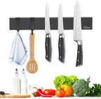 Dmore magnetic knife holder for wall—with 2 hooks, No Drilling 10 Inch black knife magnetic strip, Powerful knife magnet rack, include Adhesive Tape and screws for Knives, Utensils, and Tools