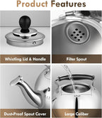 Stovetop Tea Kettle with Whistle - 2.0 Quart 18/8 Stainless Steel Tea Pot for Gas Stove & Electric Coil Stovetop, Food-Safe, Easy-Pour Spout, Mirror Polished Classic Water Kettle