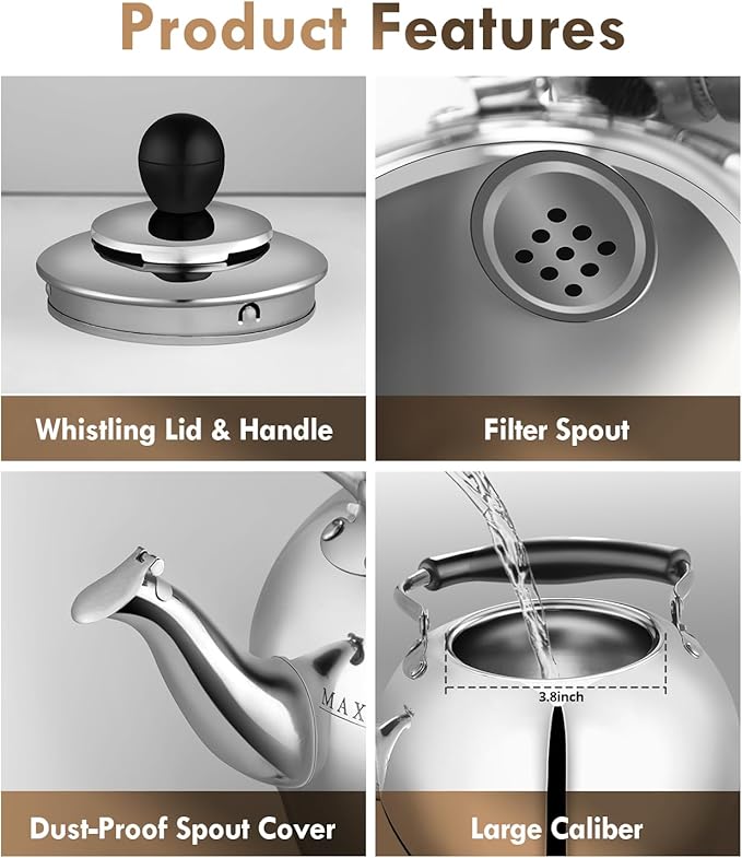Stovetop Tea Kettle with Whistle - 2.0 Quart 18/8 Stainless Steel Tea Pot for Gas Stove & Electric Coil Stovetop, Food-Safe, Easy-Pour Spout, Mirror Polished Classic Water Kettle