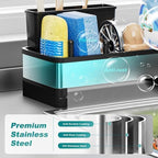 304 Stainless Steel Sink Caddy with Auto-Drain, Kitchen Sink Organizer Sponge Holder with Towel Rack & Removable Brush Holders, Countertop Storage for Soap Dispenser, Dishcloth, Kitchen Accessories