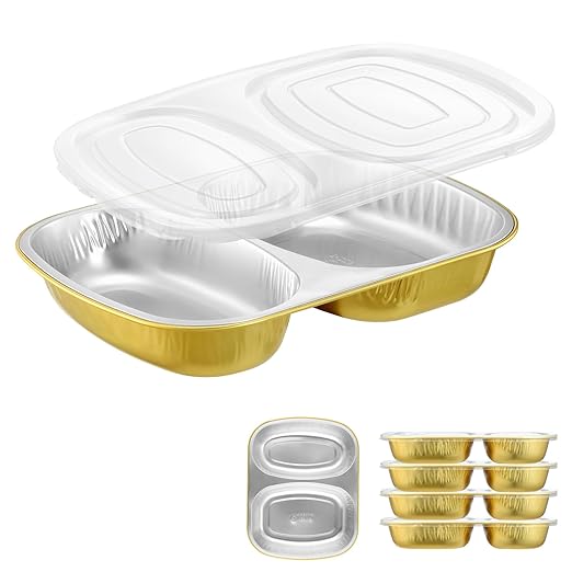 Divided Aluminum Foil Food Trays with Snap-On Lids (5 Pack) – 2X Thicker Heavy Duty Gold Compartment Pans for Takeout, Meal Prep, Lunch & Catering, 27oz