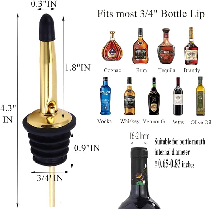 Pafusen 6 Pack Liquor Bottle Pourers, Liquor Pour Spout for Liquor Bottles, Stainless Steel Olive oil Dispenser Spout, Alcohol Pourer Spouts Dust Caps Covers, Gold