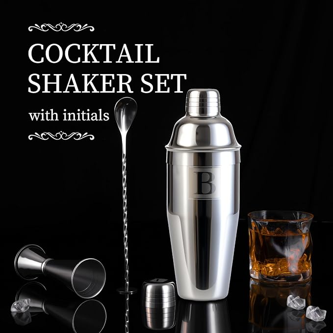 24oz Cocktail Shaker Set with 1 oz 2oz Jigger - Monogramm Initials Martini Shaker Set - 304 Stainless Steel Bar Shaker for Margarita,Mojito-Personalized Gift for Friend,Husband-F