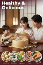 Prime Home Direct Bamboo Steamer Basket 10-Inch | 2-Tier Steamer for Cooking | 50 Liners, Chopsticks, Sauce Dish | Steaming Asian Food, Bao Buns, Chinese, Dim Sum, Dumpling, Rice, Vegetable Steam Pot