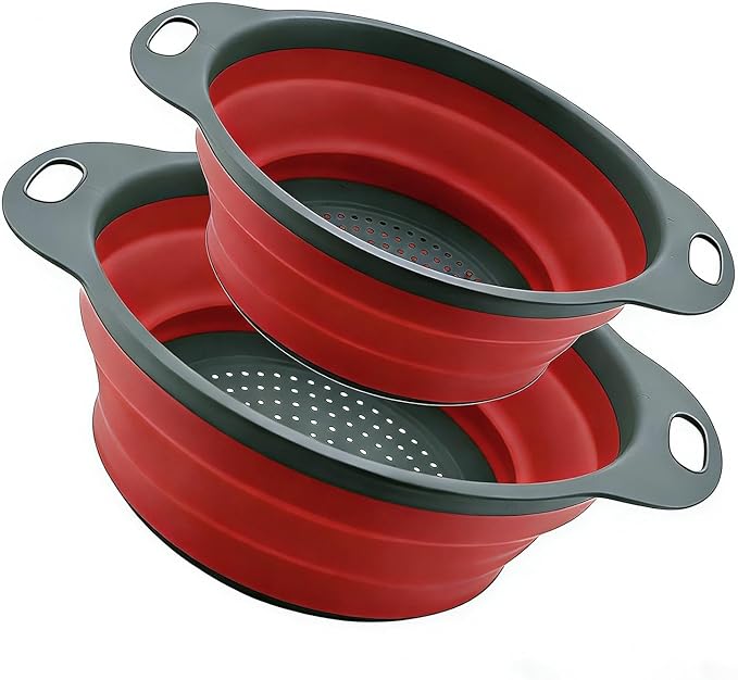 Collapsible Colander Set of 2, Folding Kitchen Strainers with Handles, Space-Saving Over-the-Sink Drainers for Pasta, Veggies & Fruit, BPA-Free, Dishwasher Safe, RV & Camping (Red)