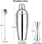 BARsics 24oz Stainless Steel Bar Cocktail Shaker, 1oz/2oz Jigger and 8" Mixing Spoon