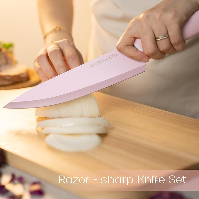 Astercook Knife Set with Block and Sharpener, 22 Piece Kitchen Knife Set Dishwasher Safe, Space-Saving Clear Knife Block with Knives for Everyday Home Cooking Pink