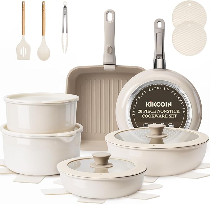 KIKCOIN Nonstick Pots and Pans Set, 22 Pack Ceramic Cookware Set with Detachable Handle, Induction RV Kitchen Cooking Set with Removable Handle, Frying Pans - Dishwasher/Oven Safe, PFOA Free