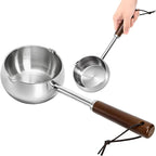 Mini Milk Warmer Pot, 15 OZ/450 ml Stainless Steel Melting Pot, Hot Oil Pan with Wood Handle, Dual Spouts Small Saucepan for Seafood Butter Chocolate Cooking Restaurant Kitchen Camping