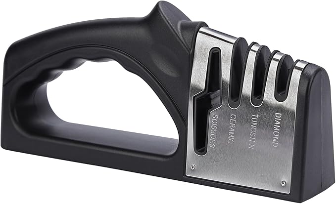 4-in-1Manual Knife Sharpener Suitable for kitchen knives, fruit knives, steel knives, scissors, and 3-level precision sharpening.Non slip base, suitable for home use (black) (1)