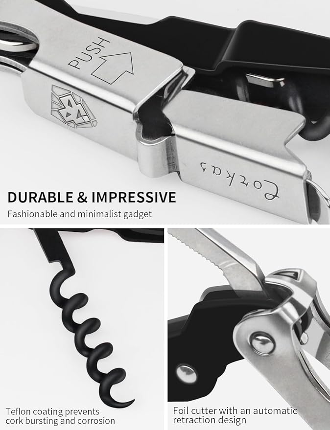 CORKAS Wine Key - Professional Handcrafted Heavy Duty Waiter Corkscrew, Compact Wine Opener with Double Hinged, Foil Cutter and Bottle Opener, Gifts for Servers, Sommelier, Bartenders - Black