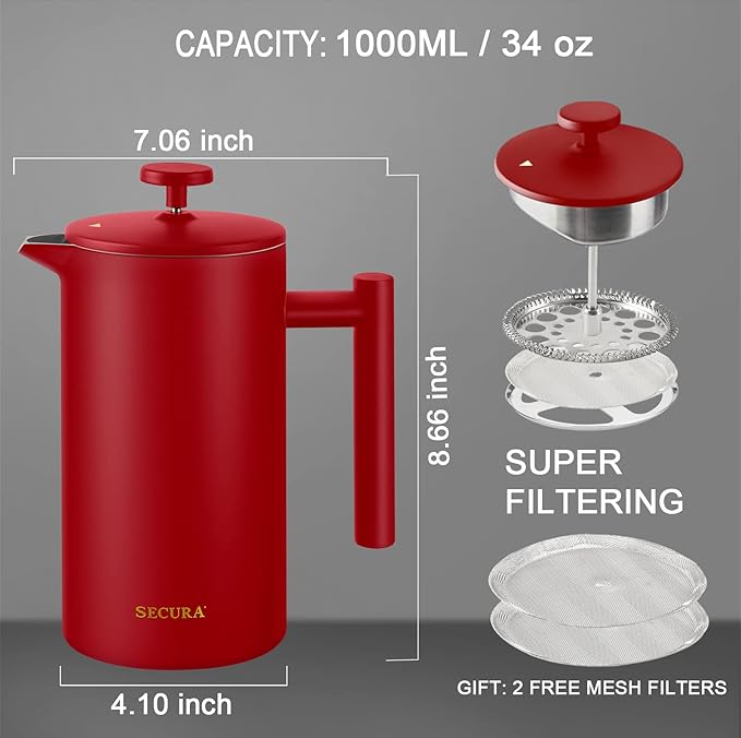 Secura French Press Coffee Maker, 304 Grade Stainless Steel Insulated Coffee Press with 2 Extra Screens, 34oz (1 Litre), Red