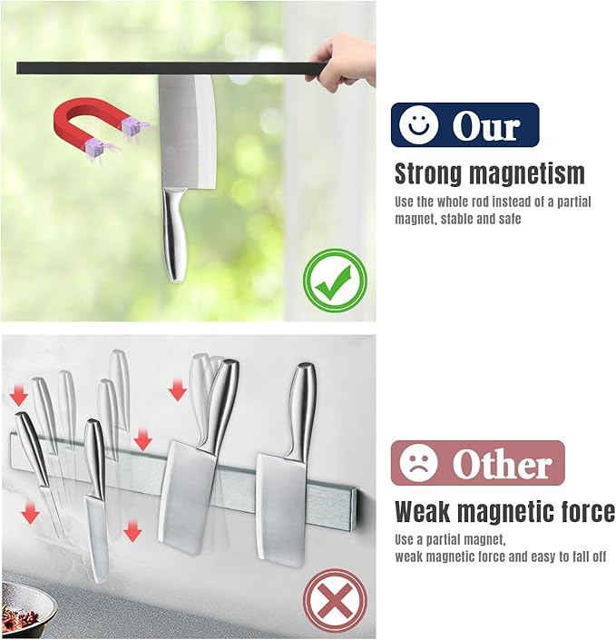 Dmore magnetic knife holder for wall—with 4 hooks, No Drilling 23 Inch black knife magnetic strip, Powerful knife magnet rack, include Adhesive Tape and screws for Knives, Utensils, and Tools