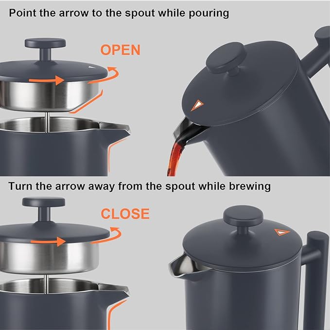Secura French Press Coffee Maker, 304 Grade Stainless Steel Insulated Coffee Press with 2 Extra Screens, 34oz (1 Litre), Grey