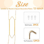 3 Pack Plate Hangers for The Wall, Suitable for 12-16 inch Art Plate, Stainless Steel Invisible Heavy Duty Wire Plate Holder with Wall Hooks, Plate Hangers for Displaying Plates, Platter, Dish, Gold