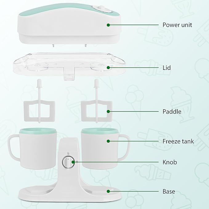 Pukomc Ice Cream Maker Machine for Home Use, with Two Ice Cream Bowls,Simple Operation and Easy to Clean,White Green
