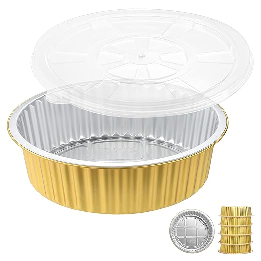 10" Deep Round Aluminum Foil Pans with Lids (5 Pack), Heavy Duty Grease-Resistant Foil Containers for Baking, Heating, Meal Prep & Food Storage, 2.7" Depth, 84oz