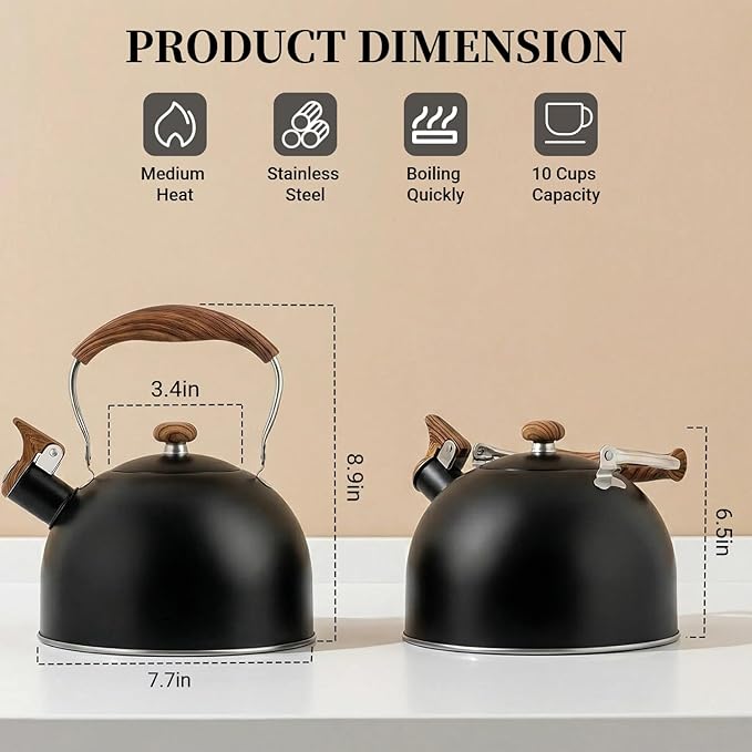 Tea Kettle for Stove Top, 2.5 Quart Whistling Tea Kettle, Food Grade Stainless Steel Tea Pot Stovetop with Wood Pattern Folding Handle for All Stovetops (Matte Black)