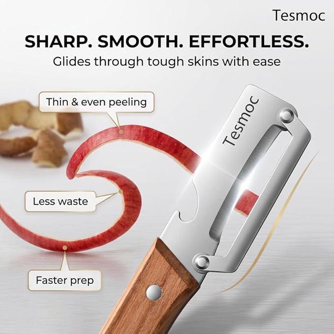Multifunctional Fruit and Vegetable Peeler,Premium Stainless Steel Blade,Wooden Handle Hand Tool with Bottle Opener,Julienne Peeler for Potato,Cucumber,Orange,Pineapple,Veggie (4)