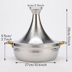 Moroccan Tagine Cooking Pot,Stainless Steel Non Stick Moroccan Casserole with 2 Handles,Large Moroccan Cooker Handmade Tagine Pot with Cone-Shaped Lid(27cm, Silver)