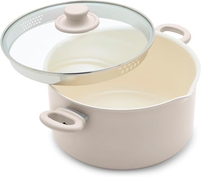 GreenLife 6QT Ceramic Nonstick Stockpot with Glass Straining Lid, PFAS-Free, Dishwasher Safe, Stay-Cool Handles, Oven Safe to 350°F, Wobble-Free Base, Even Heating, Taupe