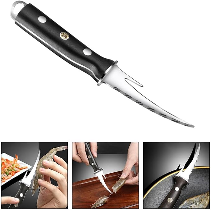 SHINEOFI Shrimp Line Cutter and Peeler with Wood Handle, Seafood Cleaning Tool for Deveining and Shelling Shrimp, Compact Specialty Kitchen Gadget for Home Cooking and Seafood Preparation