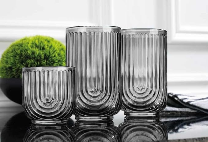 16 Piece Smoke Glassware Set, Art Deco Black Drinking Glasses, Ribbed U-Shape Design, 8 Highball 17oz and 8 Whiskey 11oz DOF
