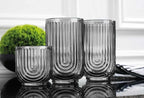 16 Piece Smoke Glassware Set, Art Deco Black Drinking Glasses, Ribbed U-Shape Design, 8 Highball 17oz and 8 Whiskey 11oz DOF