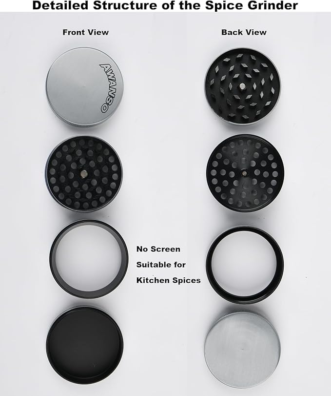 3" Grinder for Kitchen Spices, 3-Piece 4-Part Design, Screen-Free, Durable Zinc Alloy, Silver