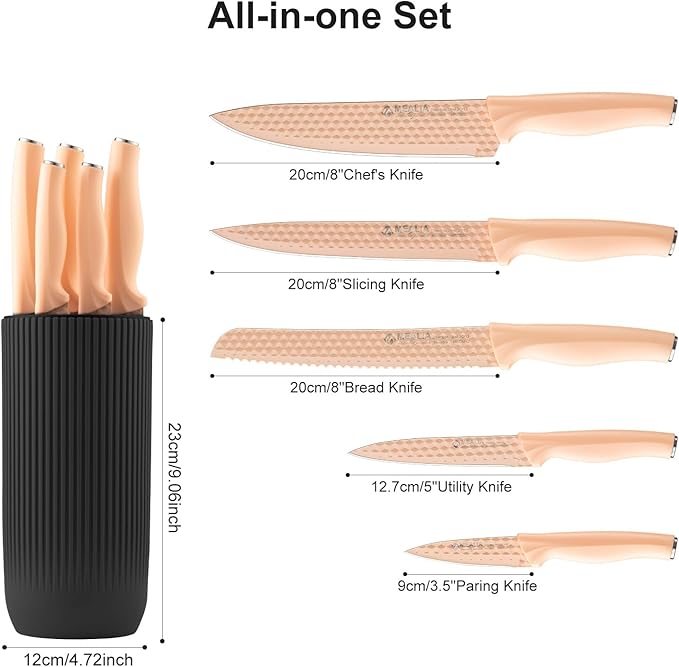 Kitchen Knife Set with Block, 6-Piece Non-stick Stainless Steel Sharp Knives Set for Precision Cutting with Universal Knife Block for Kitchen, Ergonomic Design & Dishwasher Safe, Pink