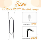 Bilillo 12 Pack Spring Plate Hangers for The Wall, Invisible Heavy Duty Wire Holders with 12 Pcs Wall Hooks, Fit 16"–20" Decorative Plates, Platters, Dishes, Black Stainless Steel
