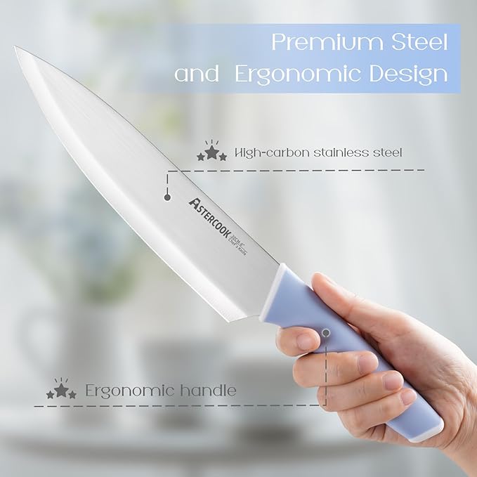 Astercook Kitchen Knife Set with Block and Sharpener 15 Piece German High Carbon Stainless Steel Knives Sharp Blade Dishwasher Safe Deba Knives with Ergonomic Handle, Delicate Blue