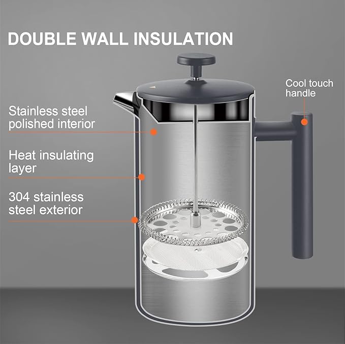Secura French Press Coffee Maker, 304 Grade Stainless Steel Insulated Coffee Press with 2 Extra Screens, 34oz (1 Litre), Grey